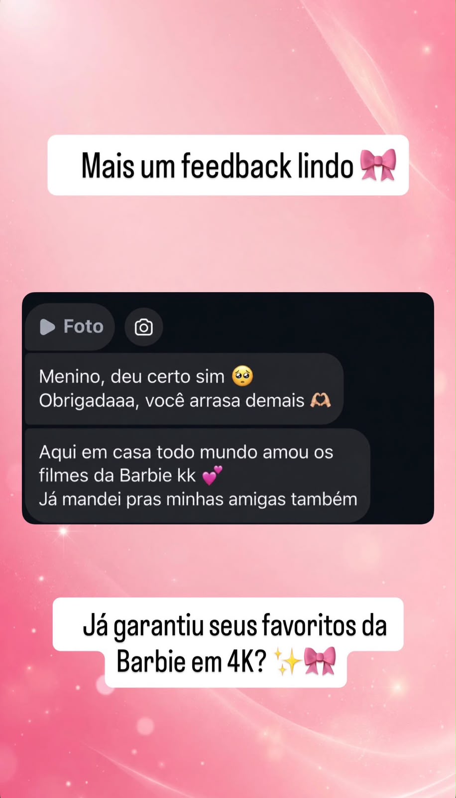 Print de depoimento de uma cliente sobre os filmes da Barbie