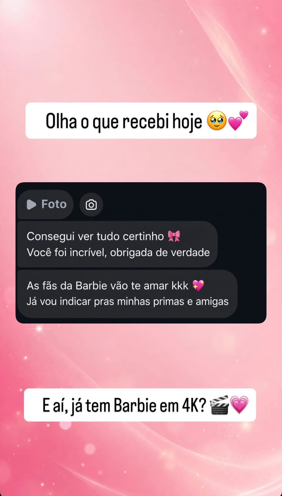Print de depoimento de uma cliente recomendando os filmes da Barbie